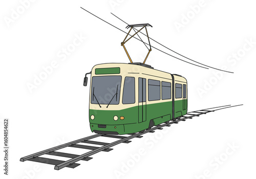 Green and Cream Vintage Tramcar on Tracks Detailed Line Art Illustration.