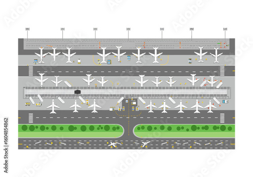 Vector Illustration of Airport Layout with Airplanes Runways and Infrastructure.