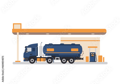 Blue Tanker Truck at a Fueling Station with Orange Canopy.