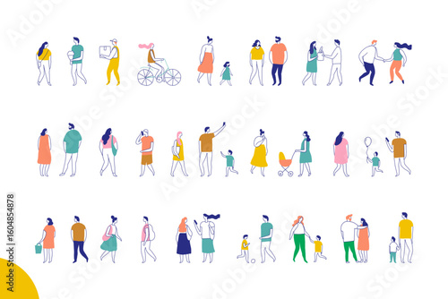 Flat vector people set, diverse characters walking, talking, cycling, and interacting in everyday lifestyle scenes, minimal design for editorial, UI, and creative projects