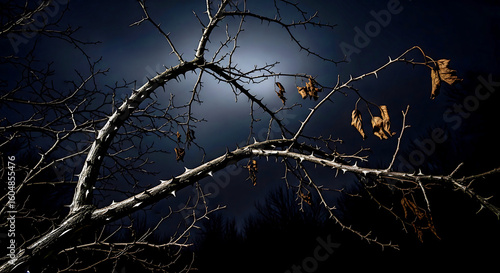 Thorny branches against dark sky tree