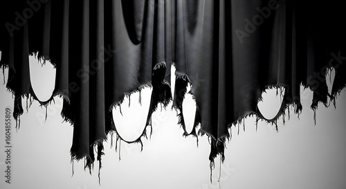 Torn black fabric hanging with frayed edges ripped