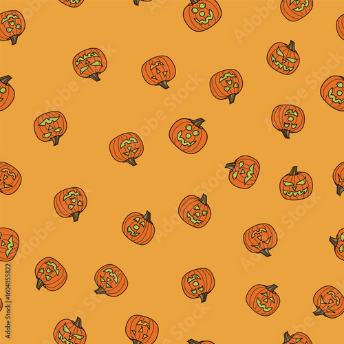 Spooky Jack o Lanterns Tossed in a Non Directional Pattern on a Halloween Pumpkin Orange Background creating a seamless pattern print