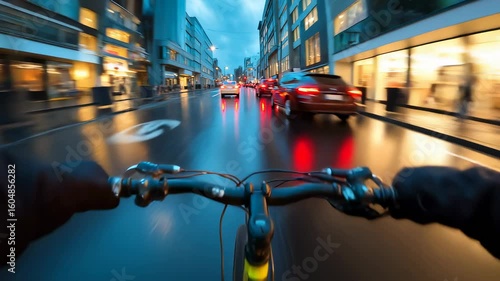 Urban street seen while cycling through traffic from first-person perspective with colorful reflections and motion blur.