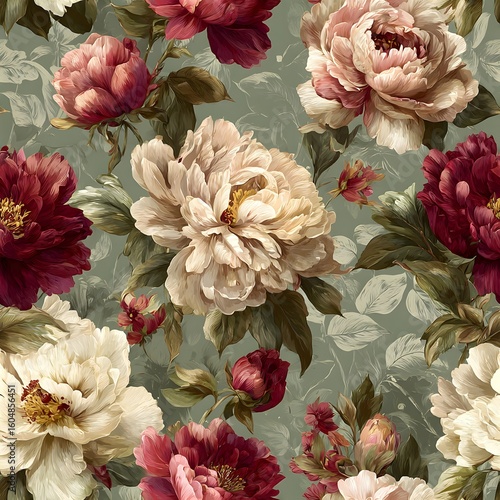 A seamless pattern of large, detailed peony flowers in shades of cream and burgundy, interspersed with green leaves, against a muted background.