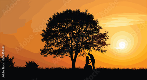 Silhouette of romantic couple under tree during sunset, peaceful landscape, emotional moment, love expression, black vector illustration, nature background