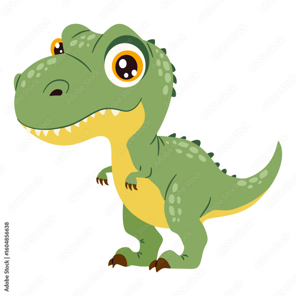 Naklejka premium Flat vector children's illustration on white background. Cute terranosaurus, green dinosaur. . Vector illustration