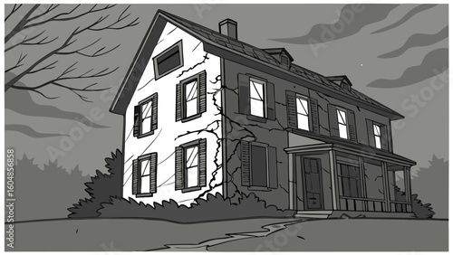 A spooky cracked abandoned victorian style house with glowing windows stands under a cloudy moonlit sky with bare tree branches
