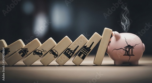 Conceptual image of an economic crisis, where a domino chain reaction from housing and industry leads to a financial crash and broken piggy bank