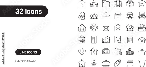 A modern set of property and building outline icons for user interface and graphic design.