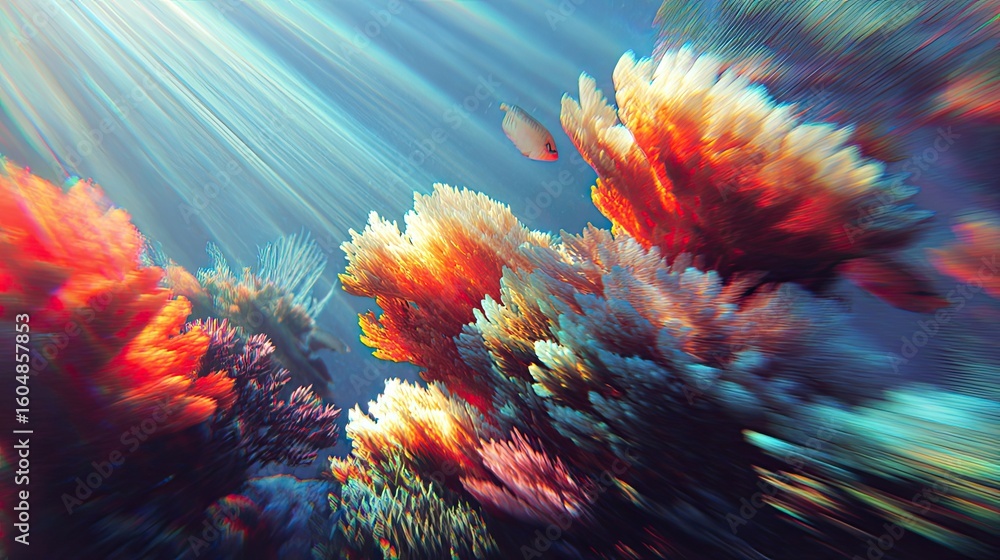 Obraz premium an underwater scene featuring vibrant coral. the coral's various hues of orange, red, and pink contrast beautifully with the deep blue of the water around it