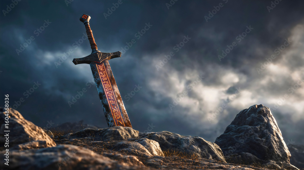 Obraz premium A magical sword embedded in stone, remnants of a great warrior an ancient, magical greatsword. 