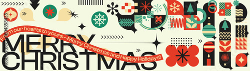 Merry Christmas Vibrant Abstract Geometric Pattern with Modern Typography Colorful Festive Ornaments and Snowflakes Holiday Greeting Background Design