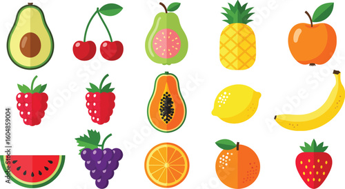 A vibrant collection of fresh, healthy fruits including red apples, green pears, citrus oranges, yellow bananas, and more, isolated on white for a clean illustration