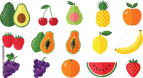 A vibrant collection of fresh, healthy fruits including red apples, green pears, citrus oranges, yellow bananas, and more, isolated on white for a clean illustration
