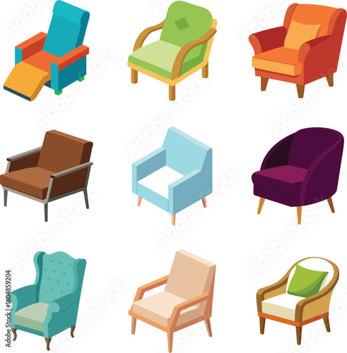 Arm Chair Vector Collection – Classic, Modern, Upholstered, and Wooden Armchairs for Living Room and Interior Design