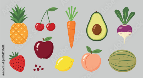 A vibrant vector set illustrating a healthy collection of fresh fruits and vegetables like apple, carrot, cucumber, and strawberry