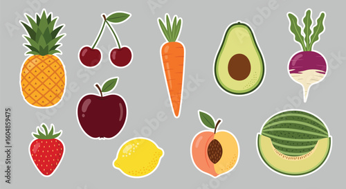A vibrant vector set illustrating a healthy collection of fresh fruits and vegetables like apple, carrot, cucumber, and strawberry