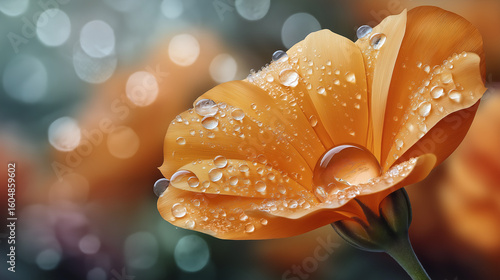 Close-up of an orange petal with water droplet in soft light