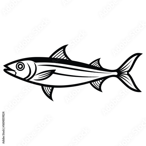 Simple anchovy fish outline illustration a single marine creature depicted with clean lines presented isolated on white background