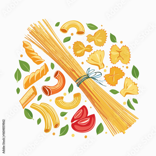 Minimalist hand drawn pasta vector set. Different Mediterranean spaghetti types.
