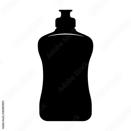Dish Soap Bottle Silhouette for Cleaning Icons, Black silhouette of a dishwashing liquid bottle, commonly used in household cleaning and sanitation-related visuals or infographics.
