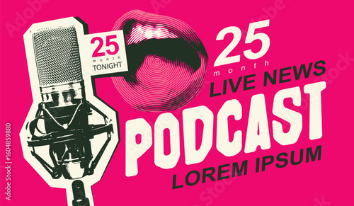 Vector banner for podcast for internet radio with a singing or talking human mouth, studio microphone and  inscription. Advertising poster,  logo, invitation, billboard. No AI used
