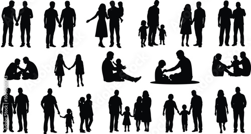 Silhouettes of diverse family members including parents and children, showing love, unity, bonding, togetherness, care, emotional connection, vector design