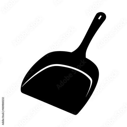 Silhouette of a black plastic dustpan used for sweeping and cleaning