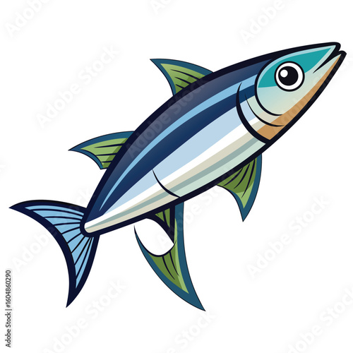 A detailed illustration of a single anchovy fish with realistic scales and fins presented isolated on white background