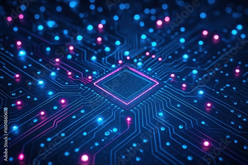 Glowing abstract circuit board with blue and pink lights representing technology and data flow