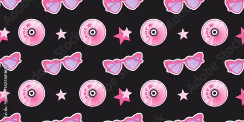 Seamless pattern with pink heart-shaped sunglasses, shiny CDs with “pop” label, and star icons on black background. Perfect for fabric, stationery, scrapbooking, fashion, and nostalgic Y2K themes.