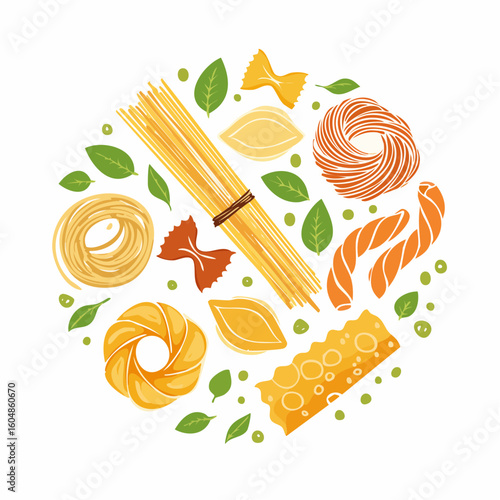 Minimalist hand drawn pasta vector set. Different Mediterranean spaghetti types.