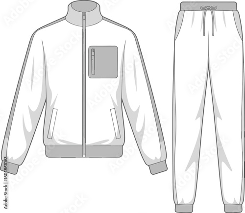 White tracksuit set illustration, jacket and pants sportswear design, comfortable fitness outfit template, modern athletic apparel sketch, casual wear concept, stylish activewear artwork