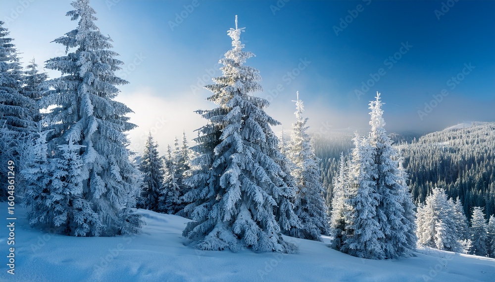 Naklejka premium scenic image of fir trees covered in white hoarfrost on a frosty day