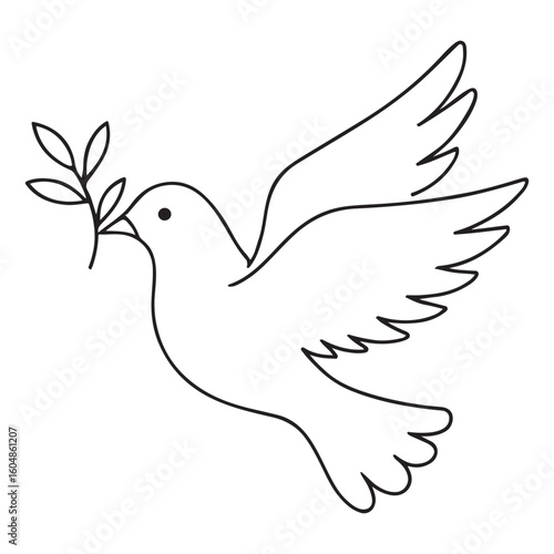 Silhouette of Soaring Dove with Leafy Twig