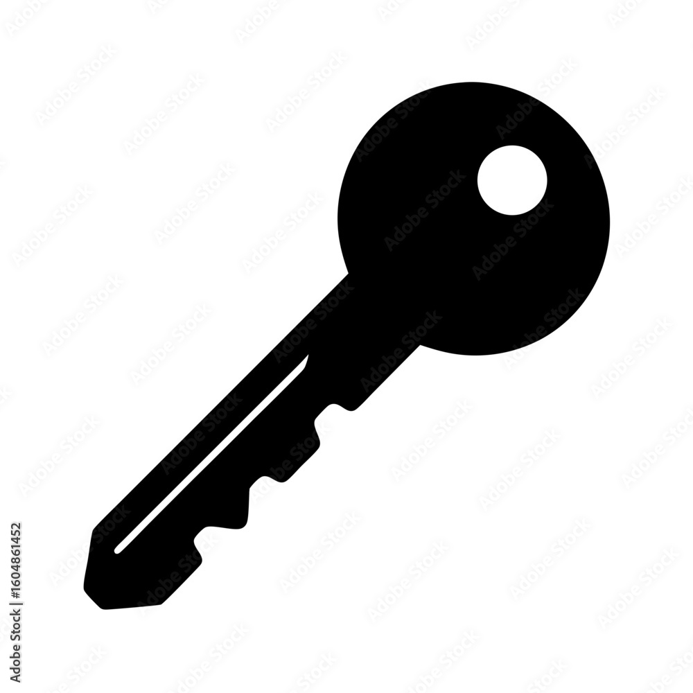 A black silhouetted metal key laying diagonally on a white background image A black silhouetted metal key laying diagonally on a white background image