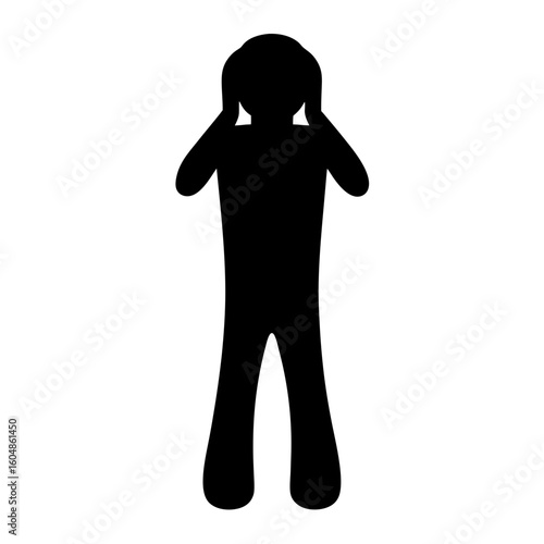 Silhouette of Person Covering Ears in Distress, Black silhouette of a human figure holding hands over ears, symbolizing stress, noise, anxiety, or refusal to listen.
