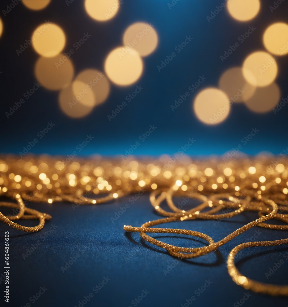 Elegant gold glitter string lights with soft bokeh on deep blue background, festive abstract sparkle, Generative AI Elegant gold glitter string lights with soft bokeh on deep blue background, festive abstract sparkle, Generative AI