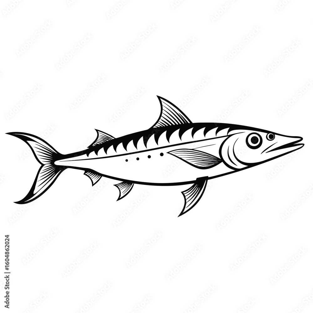 Obraz premium Stylized barracuda fish outline graphic with a bold silhouette for marine life and seafood designs isolated on white background