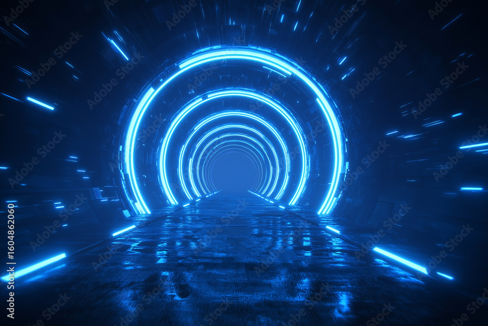Fototapeta premium Futuristic tunnel with glowing blue rings, sense of motion and depth, sci-fi theme