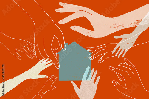 Lots of hands reaching for house