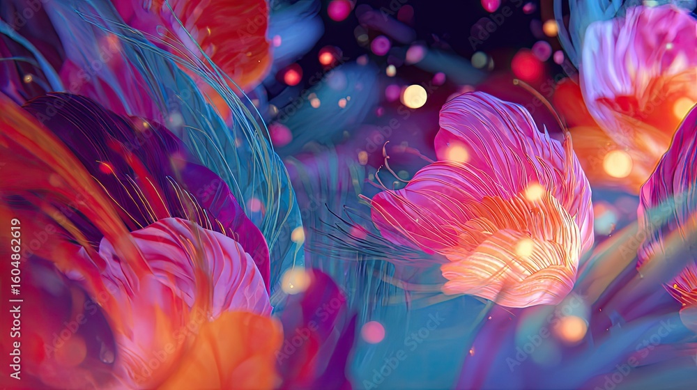 Obraz premium an abstract art piece characterized by vibrant pink and purple hues. colorful flowers with intricate patterns fill the center of the composition, creating a sense of depth and movement