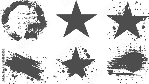 Vintage hand drawn star set with retro grunge and punk design. Rough inked star icons with artistic grunge texture on white background. 