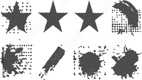Vintage hand drawn star set with retro grunge and punk design. Rough inked star icons with artistic grunge texture on white background. 