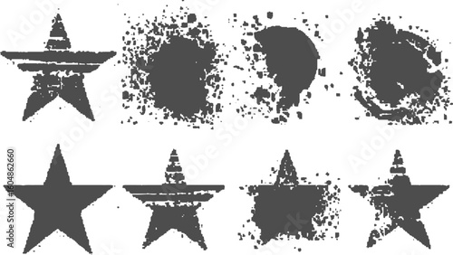 Vintage hand drawn star set with retro grunge and punk design. Rough inked star icons with artistic grunge texture on white background. 