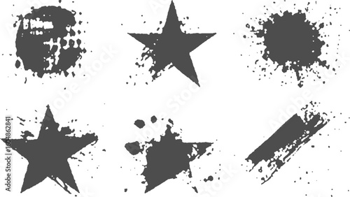 Doodle star brush strokes in black grunge spray paint design. Rough grunge star shapes created with spray paint brush strokes. 