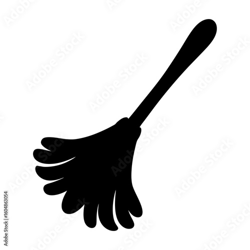 Silhouette of Feather Duster Cleaning Tool Icon, Black silhouette of a feather duster with a handle, commonly used to represent dusting, cleaning, or housekeeping tasks in visual design.
