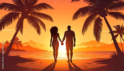 Silhouettes of couple walking on beach at sunset