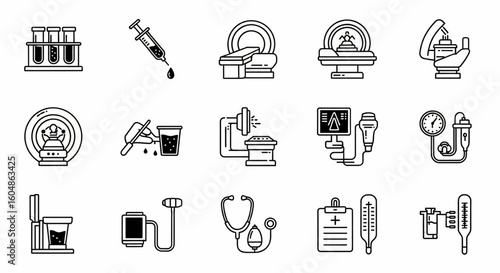 Diagnostic Tests and Medical Procedures Line Icon Set – Bloodwork, Imaging, Sample Collection, Health Assessment Thin Linear Vector Illustration


